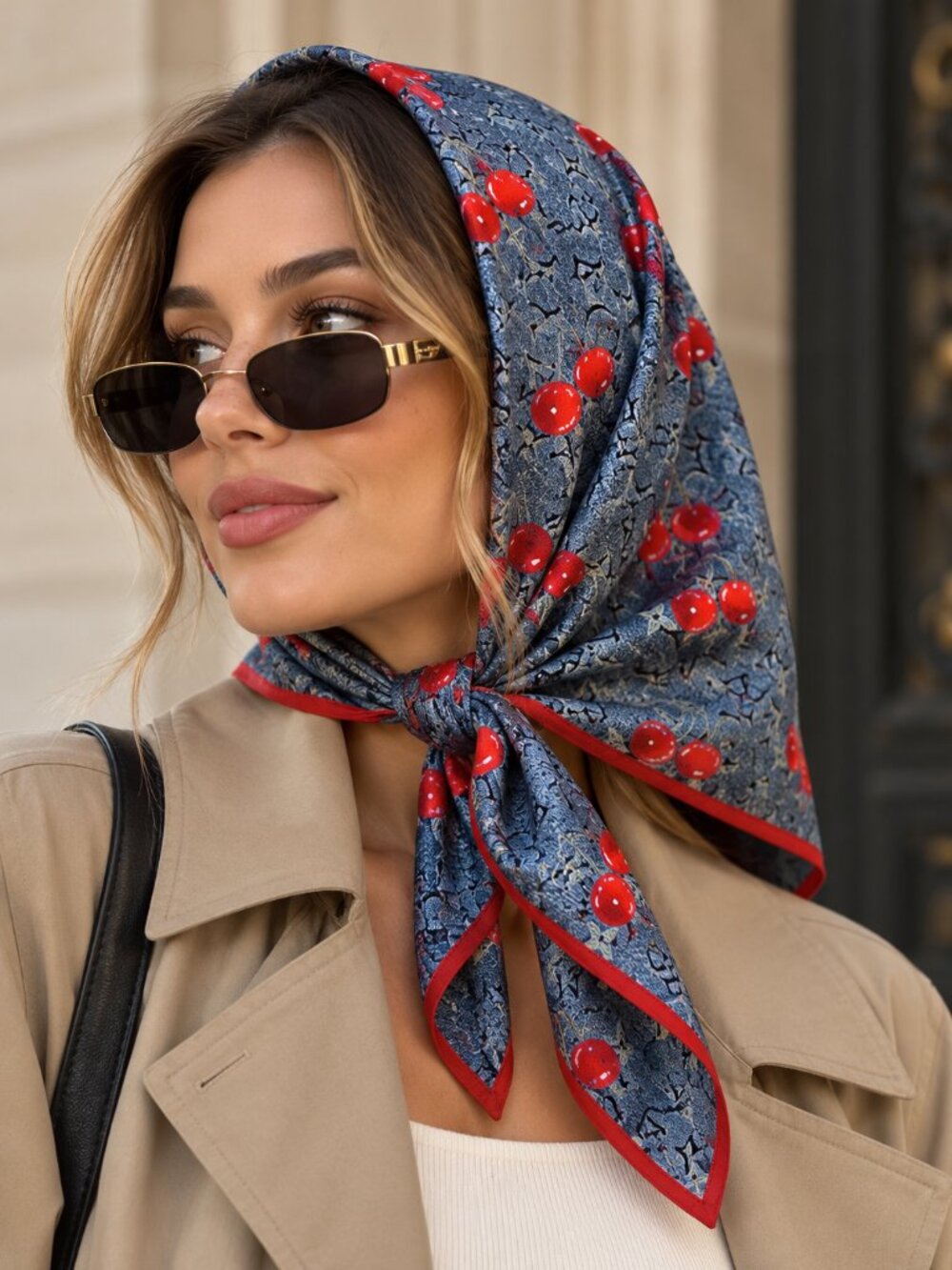 Women's Blue Red Cherry Print 100% Silk Square Scarf Head Wrap